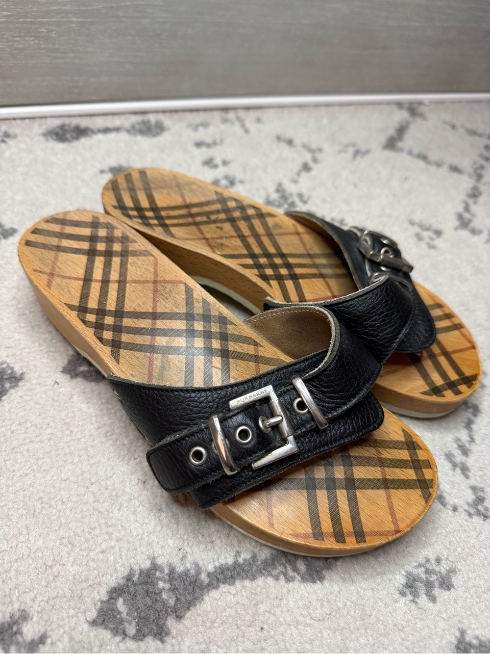 BURBERRY Nova Check Brigitte Wooden Black Genuine Leather Clogs Summer Sandals